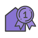 Purple house icon with dark outline and a number 1 ribbon in the top right corner